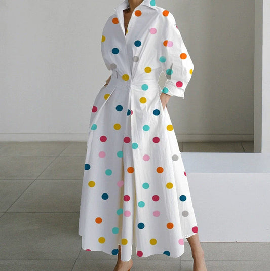 Robe-chemise à pois manches longues taille cintrée et coupe évasée pour femme