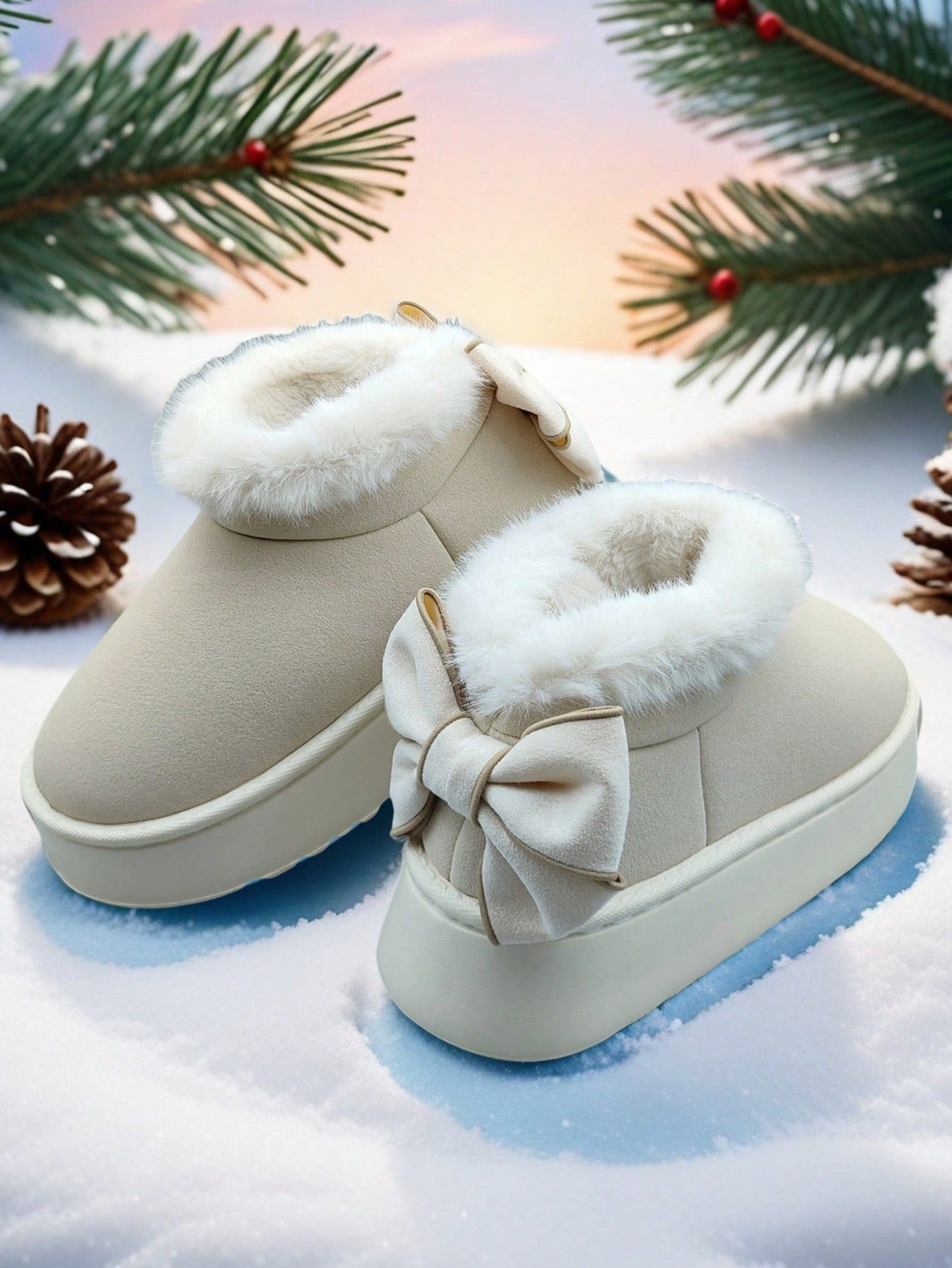 Women’s Warm Fur-Lined Thick Sole Slippers with Bow Decor – Cozy Winter Indoor Shoes