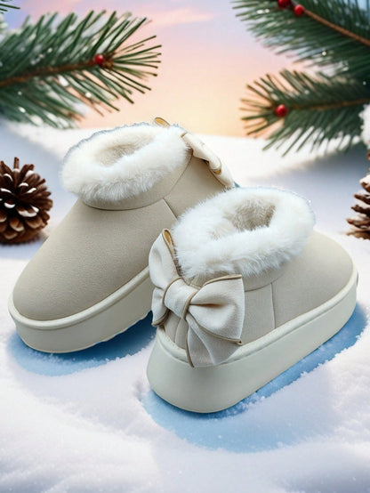 Women’s Warm Fur-Lined Thick Sole Slippers with Bow Decor – Cozy Winter Indoor Shoes