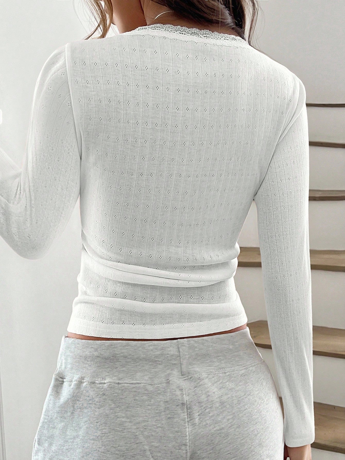 Women’s Lace Trim Long Sleeve Button Top – Slim Fit Ribbed Knit Tee