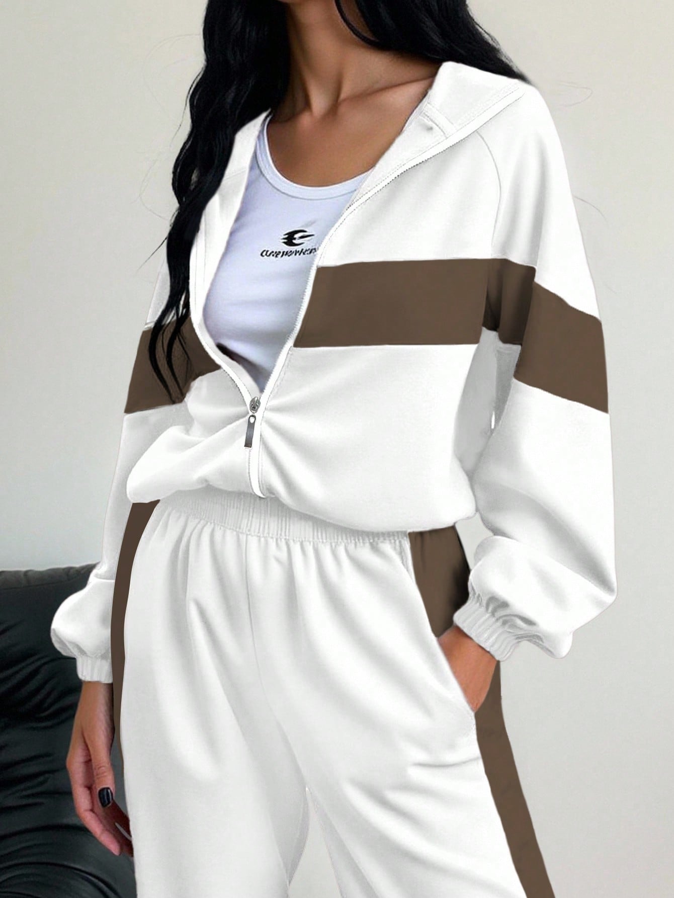 women’s color-block zip-up hoodie and jogger set brown Nushes 