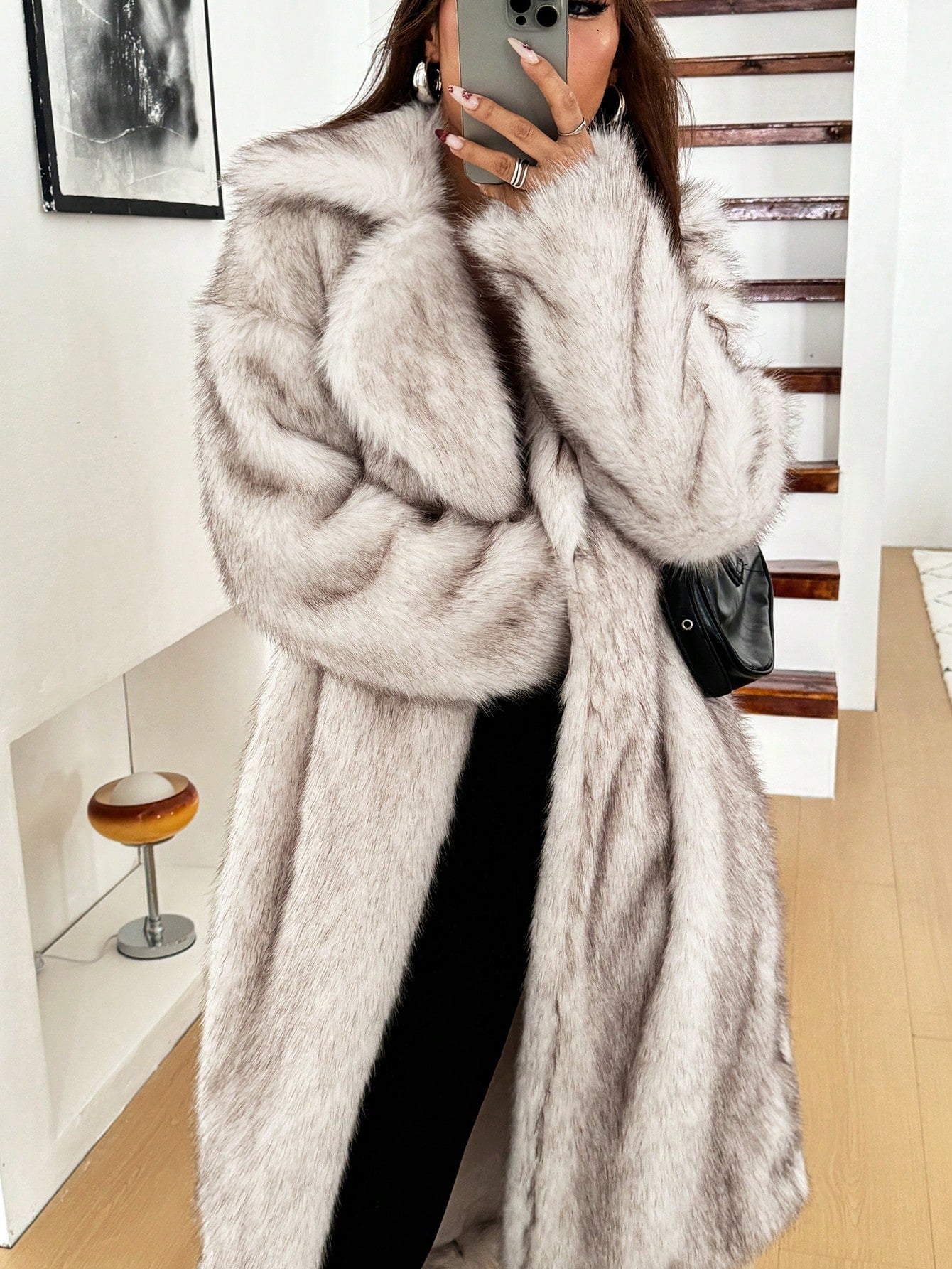 woman wearing long grey faux fur coat winter jacket Nushes 